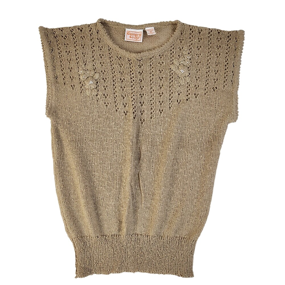Vintage Country Craft Floral Pearl Women’s Beige Acrylic Sweater Medium #1417